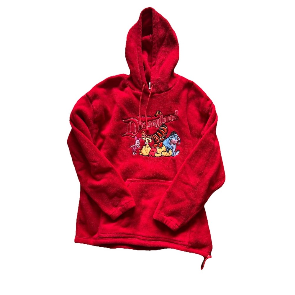 Vintage Disneyland Winnie the Pooh Fleece Hoodie Red Embroidered Size L Y2K